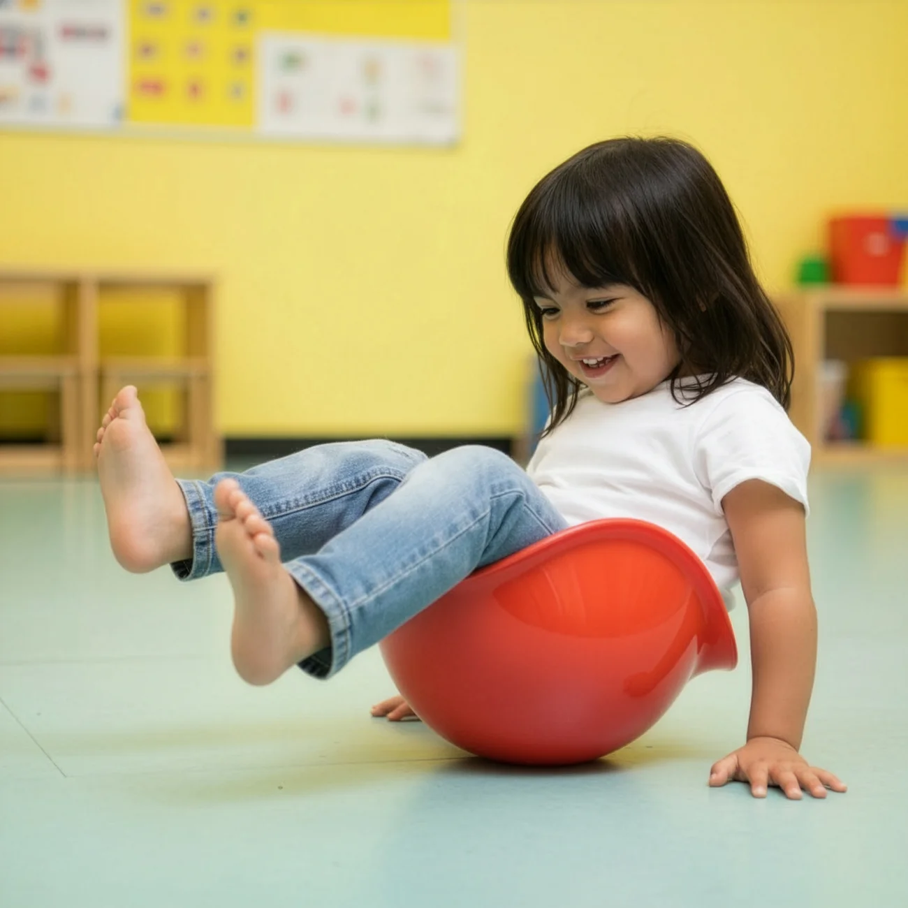 MOLUK Bilibo Midi · Rainbow 6-piece set — A child exploring seated movement with Midi indoors.
