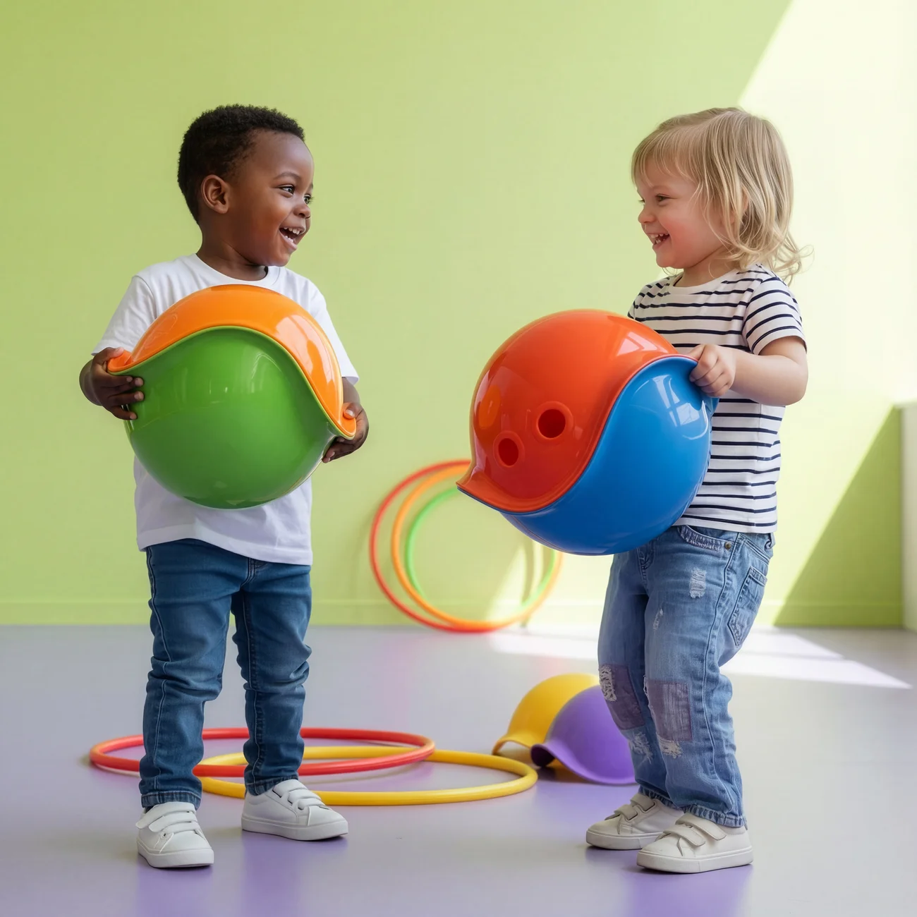 MOLUK Bilibo Midi · Rainbow 6-piece set — Children discovering how two Midi shells form a smiling shape.