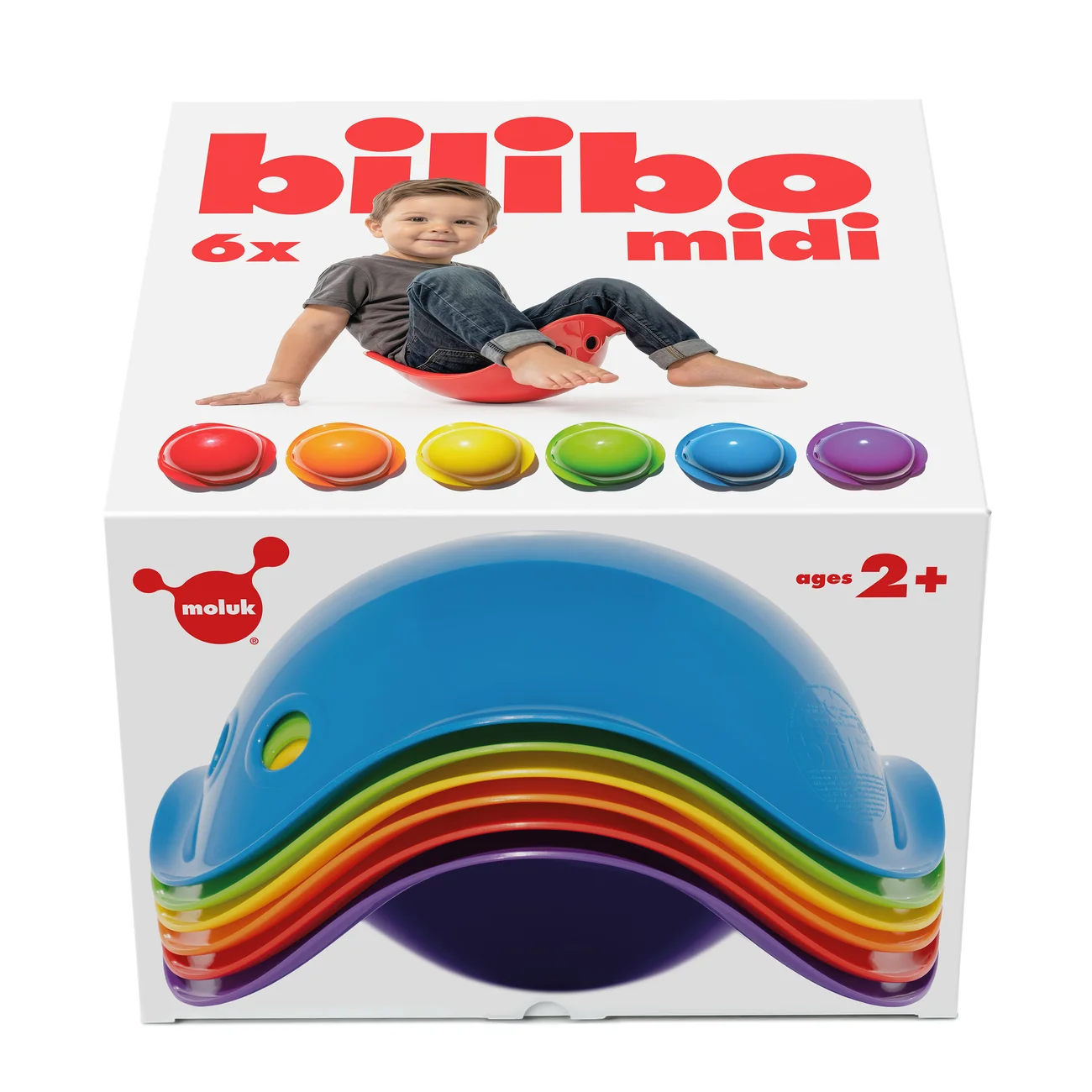 MOLUK Bilibo Midi · Rainbow 6-piece set — Packaging for the six-piece Midi rainbow set.